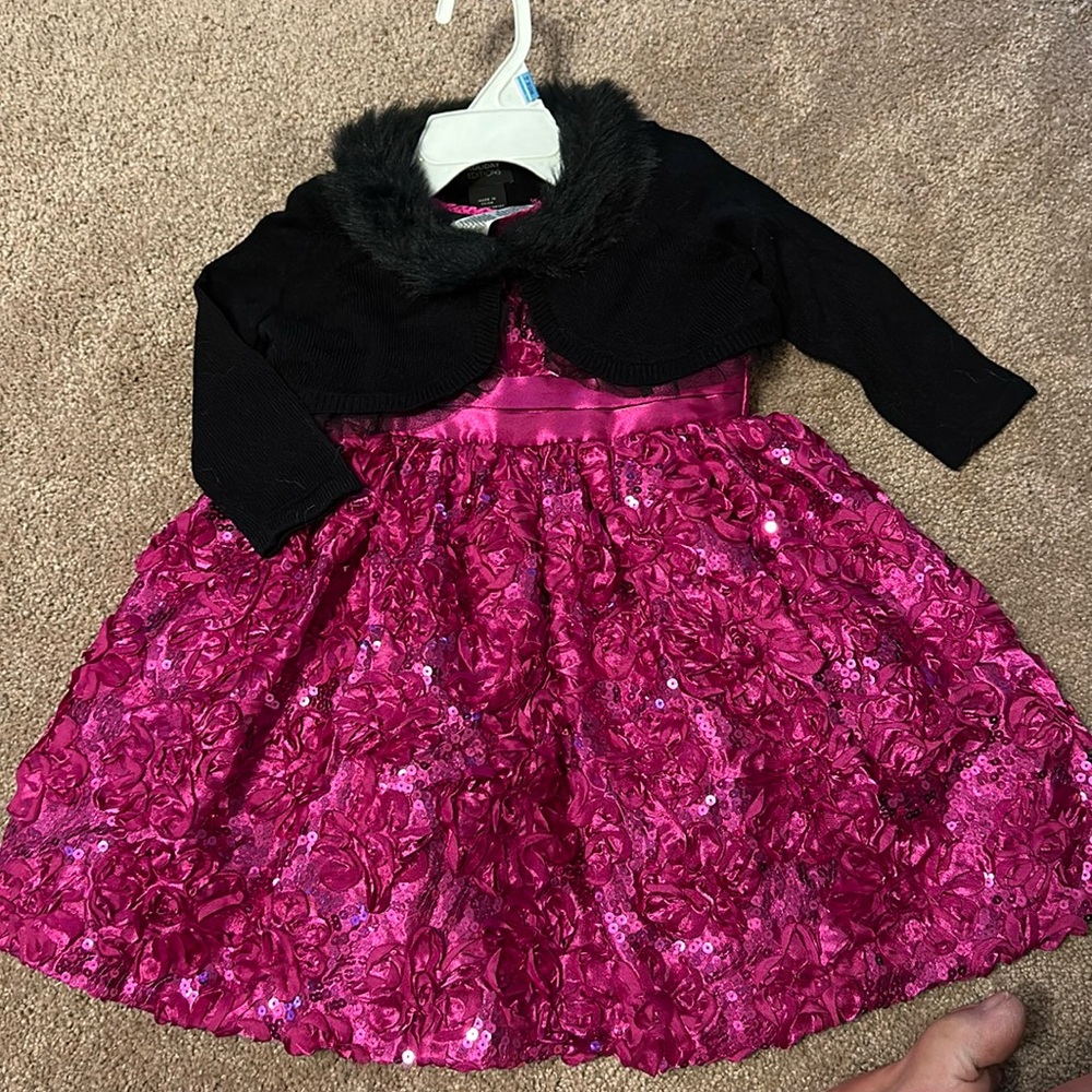 Holiday Editions hot pink sequins dress with black cardigan